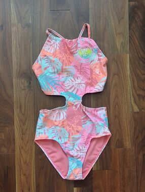 NWT Hurley Girls Pink & Aqua Tropical Cutout One-Piece Swimsuit